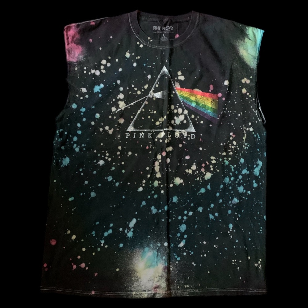 Pink Floyd Black Sleeveless Tank with Rainbow Prism and Tie-Dye Splatter